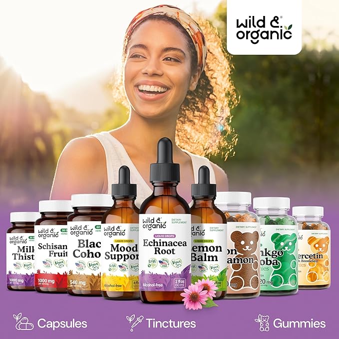 Wild &amp Organic Echinacea Tincture - Immune Support Drops with Liquid Echinacea Root Extract - Angustifolia Supplements - Vegan Sugar &amp Alcohol-Free - 2 fl oz