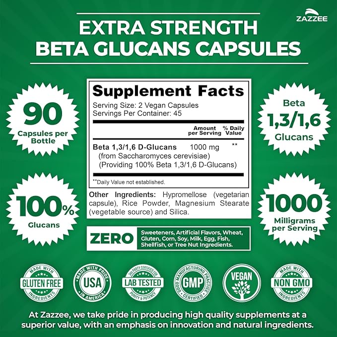 Zazzee Extra Strength 13/16 Beta Glucans 1000 mg 100% Concentrated 90 Vegan Capsules Supports a Healthy Immune System 100% Vegetarian All-Natural and Non-GMO