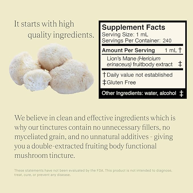 Lions Mane Extract - Double Extracted Fruitbody Mushroom Tincture Natural Support for Mental Clarity Brain Function Memory Cell Regeneration Creativity &amp Mood (240 Servings)