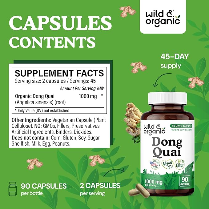 Wild &amp Organic Dong Quai Capsules 1000 mg - Menopause Supplements for Women - Dong Quai Supplement for Women - 45-Day Supply - Traditional Angelica Sinensis - Non-GMO Vegan Gluten-Free - 90 Coun
