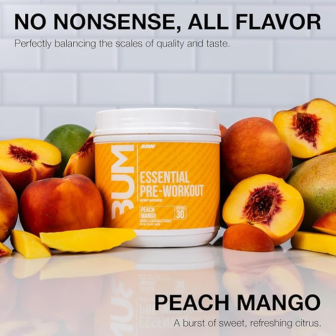 RAW Nutrition - Essential Pre - Chris Bumstead Pre Workout Formula Sports Nutrition Pre-Workout Powders | Men &amp Womens Drink Energy Powder for Working Out (Peach Mango)