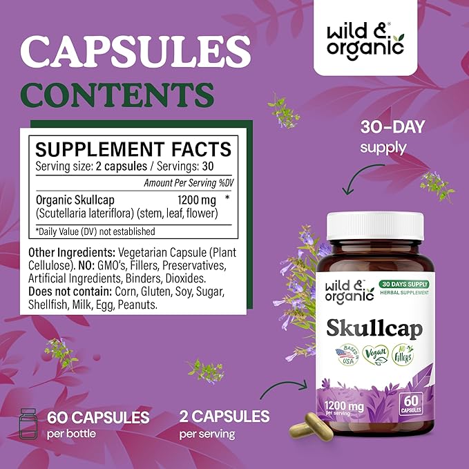 Wild &amp Organic Skullcap Capsules 1200 mg - Relaxing Skullcap Herb Supplement - 60 Capsules - Scutellaria Lateriflora Leaf Extract - 1-Month Supply - Vegan No Fillers Non-GMO