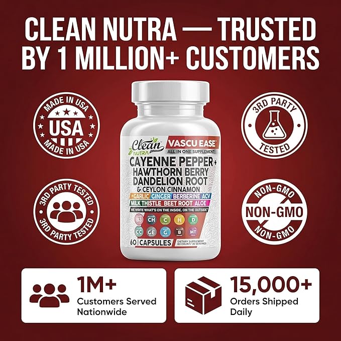 Clean Nutra Cayenne Pepper Capsules Supplement with Hawthorn Berry Dandelion Root Ceylon Cinnamon Garlic Ginger Berberine Apple Cider Vinegar Milk Thistle Beet Root Aloe Vera Pills &amp More