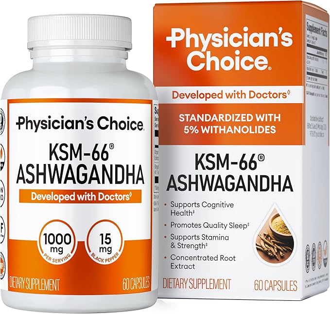 Physician's CHOICE KSM-66 Ashwagandha Root Powder Extract 1000mg - Organic - with Black Pepper for Maximum Absorption - 5% Withanolides - Stress Mood &amp Athletic Support - 60 Vegan Capsules