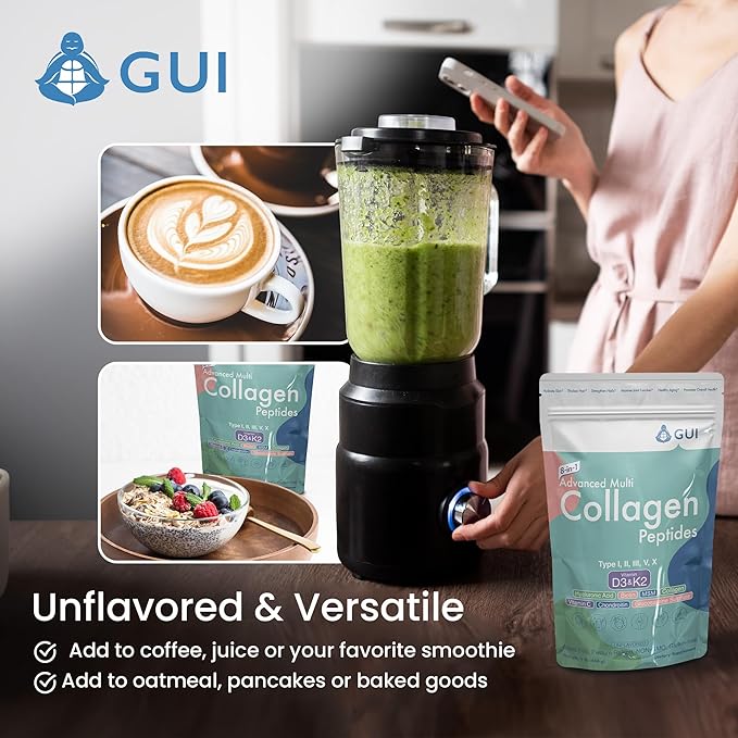 8in1 Advanced Multi Collagen Peptides 16 Oz - Hydrolyzed Protein | Type I II III V X with Vitamin D3 &amp K2 Hyaluronic Acid Biotin Vitamin C MSM Glucosamine Sulphate &amp Chondroitin - Un
