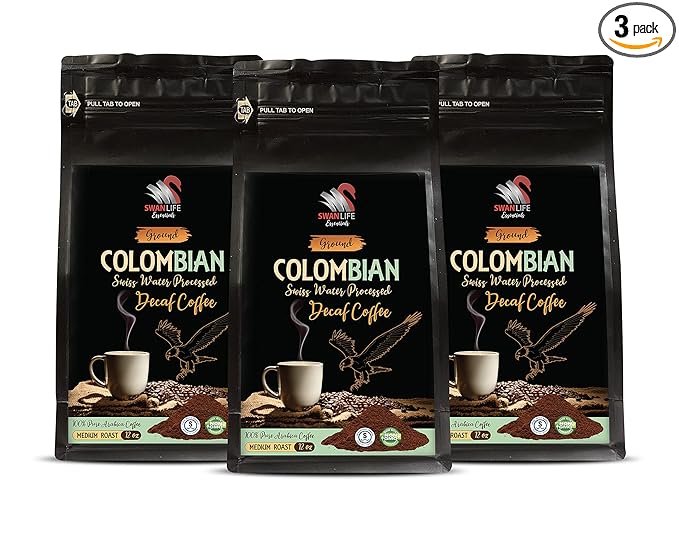 decaf arabica coffee ground - DECAF COLOMBIAN GROUND COFFEE - Medium Roast 100% Pure Arabica swiss water processed non gmo - colombian decaf coffee by SWAN LIFE ESSENTIALS - 3 Bags (36 Oz)