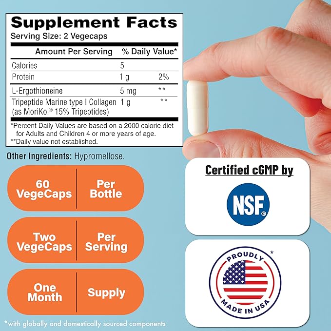 Skineu Collagen Tripeptide + L-Ergothioneine | Advanced Anti-Aging Formula | Morikol® Marine Collagen | Supports Skin Hydration Elasticity &amp Joint Health | Non-GMO &amp Gluten-Free | 60 VegeCaps