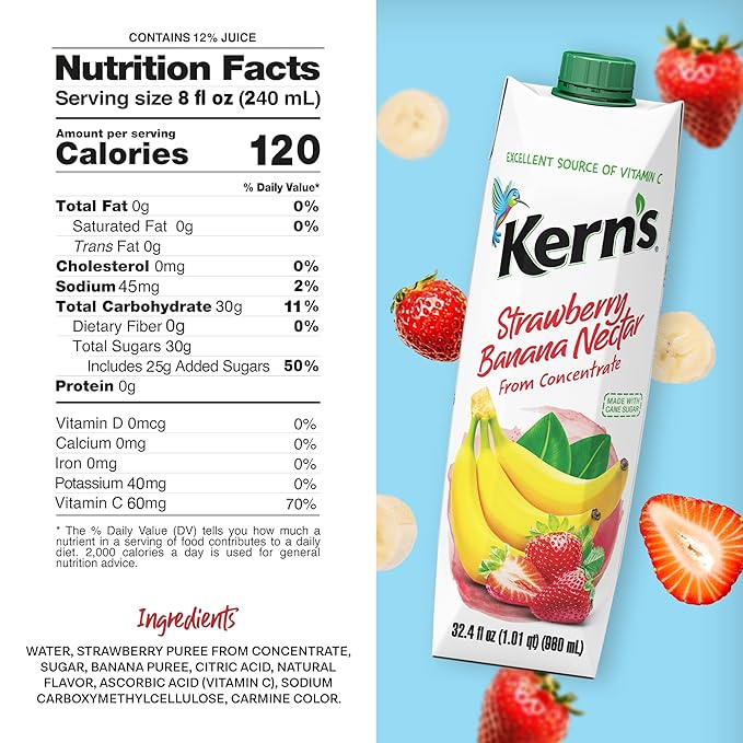 Kern’s Strawberry Banana Nectar Juice - Made with Fresh Fruit Puree - Tropical Fruit Juice Concentrate for Smoothie Mix Cocktail Mixers Kids Drinks &amp Mexican Beverages - 32.4oz 12 Pack Carton