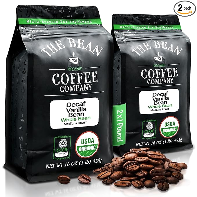 The Bean Organic Coffee Company Water Processed DECAF Vanilla Bean Medium Roast Whole Bean Coffee 16-Ounce Bags (Pack of 2)