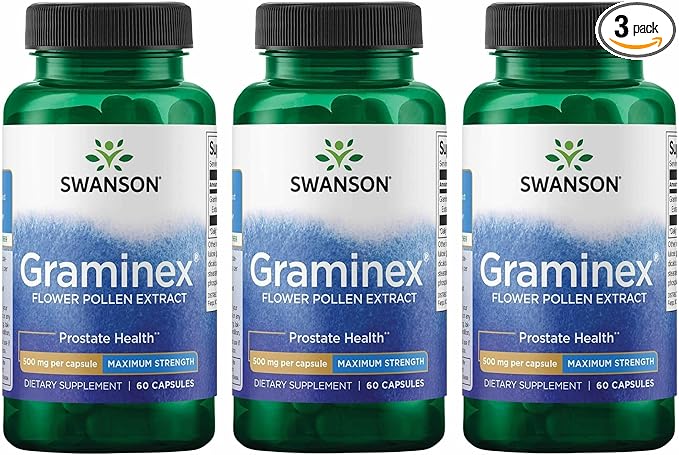 Swanson Maximum Strength Graminex Flower Pollen Extract - Supports Prostate Health Urinary Tract Function and Kidney Health - Mens Health Supplement - (60 Capsules 500mg Each) (3 Pack)