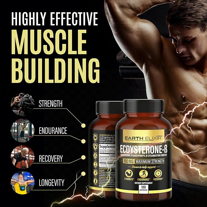 Earth Elixir Ecdysterone Supplements 900mg (180Capsules) – Made in USA - Muscle Building Supplements for Men w/ 95% Beta Ecdysterone w/Hydroxypropyl-β-Cyclodextrin for Enhanced Bioavailability