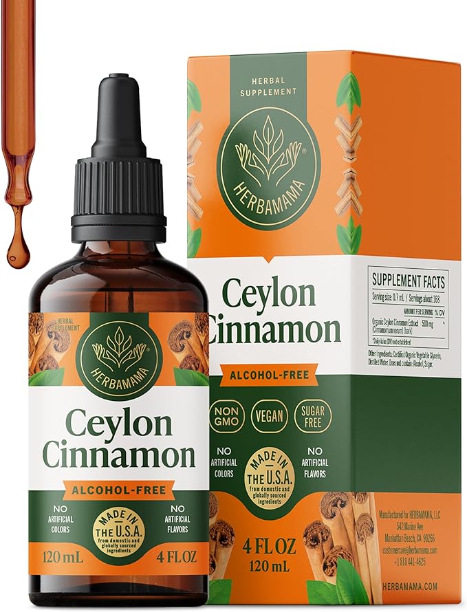 HERBAMAMA Ceylon Cinnamon Extract Liquid - Cinnamon Drops for Antioxidant &amp Overall Support - Non-GMO Alcohol &amp Sugar-Free Supplement 84-Day Supply