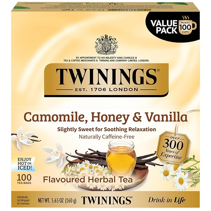 Twinings Camomile Honey &amp Vanilla Herbal Tea Individually Wrapped Bags 100 Count (Pack of 1) Naturally Caffeine-Free Enjoy Hot or Iced 100 Teabags