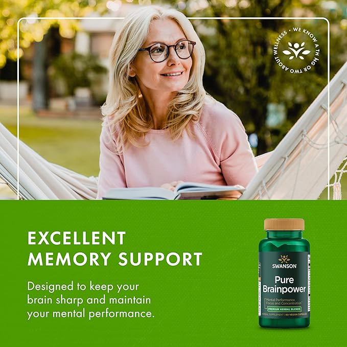 Swanson Pure Brainpower Brain Health Cognitive Memory Focus Support Brain-Derived Neurotrophic Factor (BDNF) Herbal Supplement (Ginkgo Biloba Bacopa Monnieri) 60 Veggie Capsules (Veg Caps) (2 Pack)