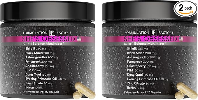 Formulation Factory She's Obsessed: 10-in-1 Hormone Balance Maximizer with Shilajit Maca Ashwagandha DIM Dong Quai Zinc &amp More for Vitality &amp Balance 240 Count (Pack of 2)