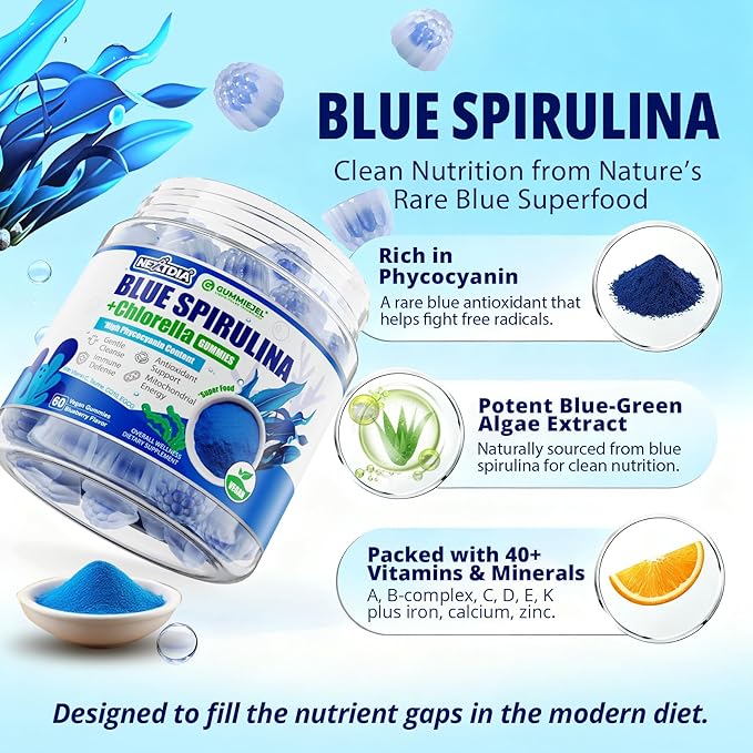 Organic Blue Spirulina Gummies High Phycocyanin from Nutrient-Rich Blue-Green Algae for Antioxidants Cellular Energy &amp Cleanse Superfood w/Chlorella CoQ10 &amp VCTaurineGreen Tea Sugar Fre