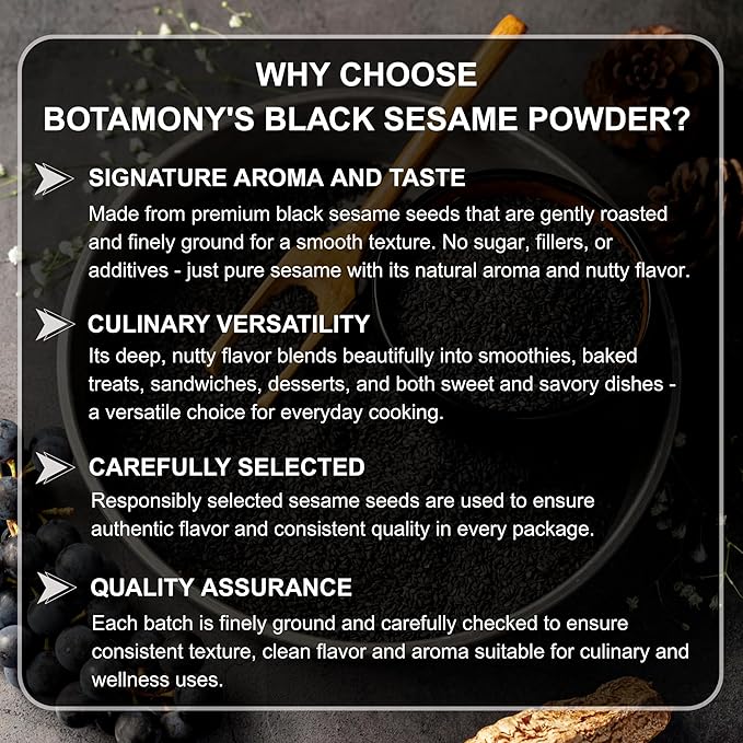 BOTAMONY Black Sesame Powder 12.3oz Vegan Gluten-Free Non-GMO Plant Protein &amp Fiber Rich Minerals Nutty Flavor Finely Ground Roasted Seeds for Smoothies Baking Recipes