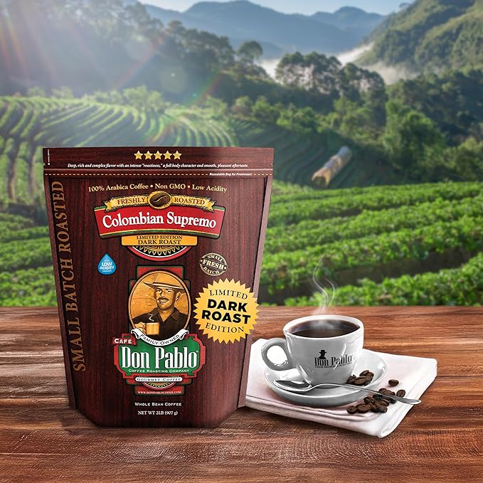 Don Pablo Colombian Supremo - Limited Edition Dark Roast Gourmet Coffee 100% Arabica Whole Bean Non-GMO Low Acidity 2 Pound (2 lb) Bag