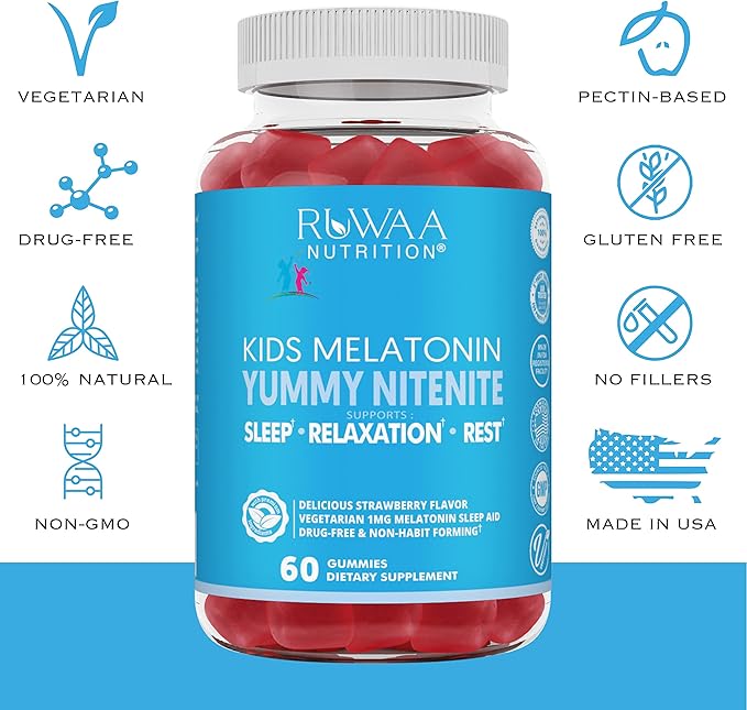 RUWAA NUTRITION Melatonin Kid Gummies. Chewable Safe Drug-Free &amp Effective Children's Sleep Aid &amp Teens. 1mg Melatonin Gummy Gluten-Free Vegetarian Restful Sleep Supplement for Ages 4+. 60c
