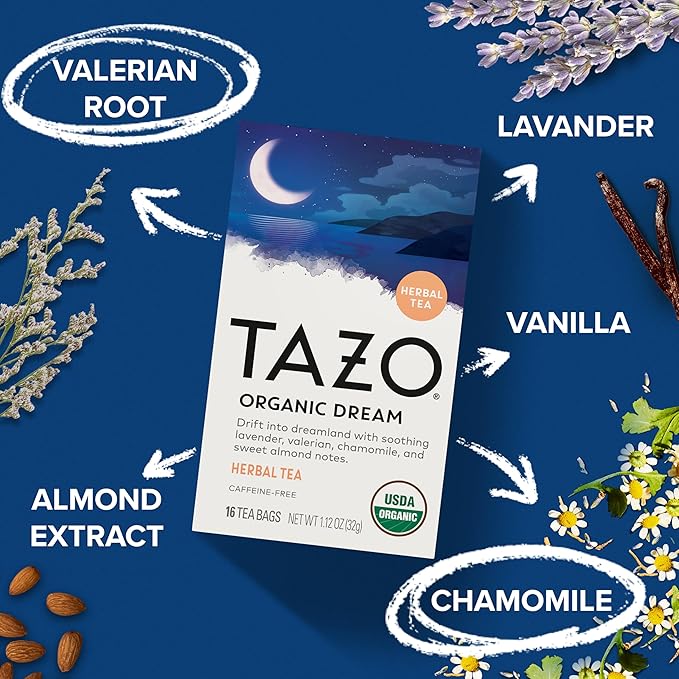 TAZO Organic DREAM Herbal Tea Bags Caffeine-Free Bedtime Tea Relaxing Chamomile and Lavender Blend 96 Total Tea Bags (16ct - Pack of 6)