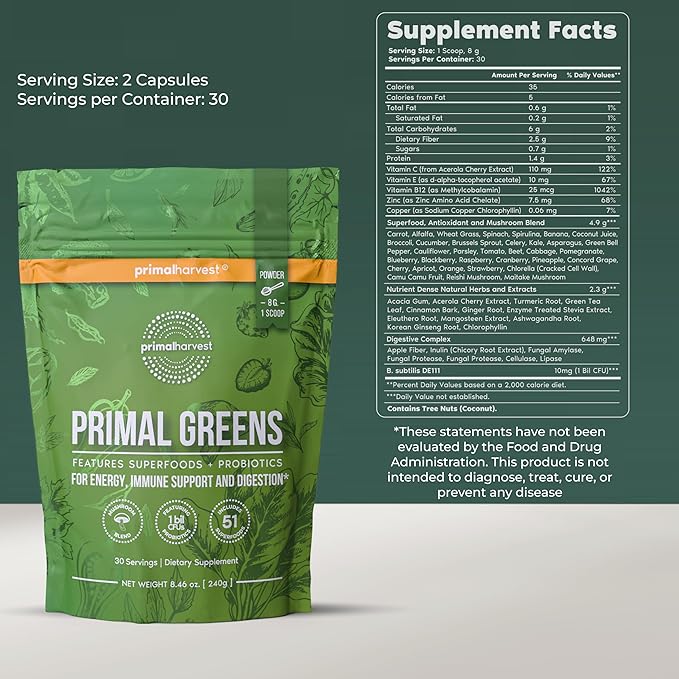 Primal Harvest Super Greens &amp Multi Collagen Capsules Supplements for Women and Men - Superfood Greens Powder and Multi Collagen Peptides Capsules for Hair Skin and Nails Bundle