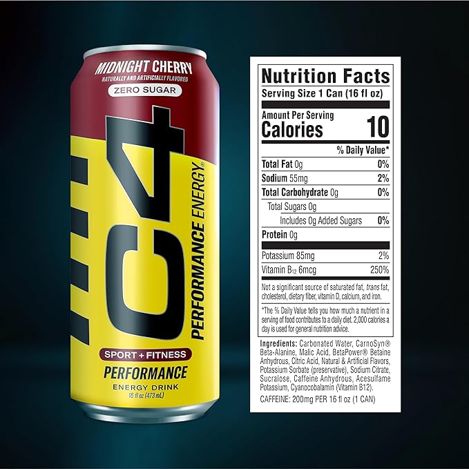 C4 Energy Carbonated Zero Sugar Energy Drink Pre Workout Drink + Beta Alanine Midnight Cherry 16 Fl Oz (Pack of 12)