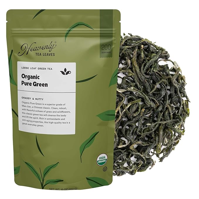 Heavenly Tea Leaves Organic Pure Green Bulk Loose Leaf Green Tea 1 Lb. (Approx. 200 Servings) - Delicious Hot or Iced Naturally Caffeinated Free Premium Quality Wellness Support