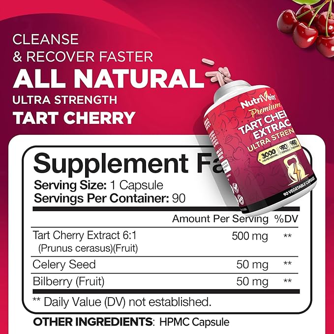 Nutrivein Premium Tart Cherry Capsules 3000mg: Ultra Strength Tart Cherry Extract Supplement for Post-Athletic Recovery Detox Rest &amp Mobility