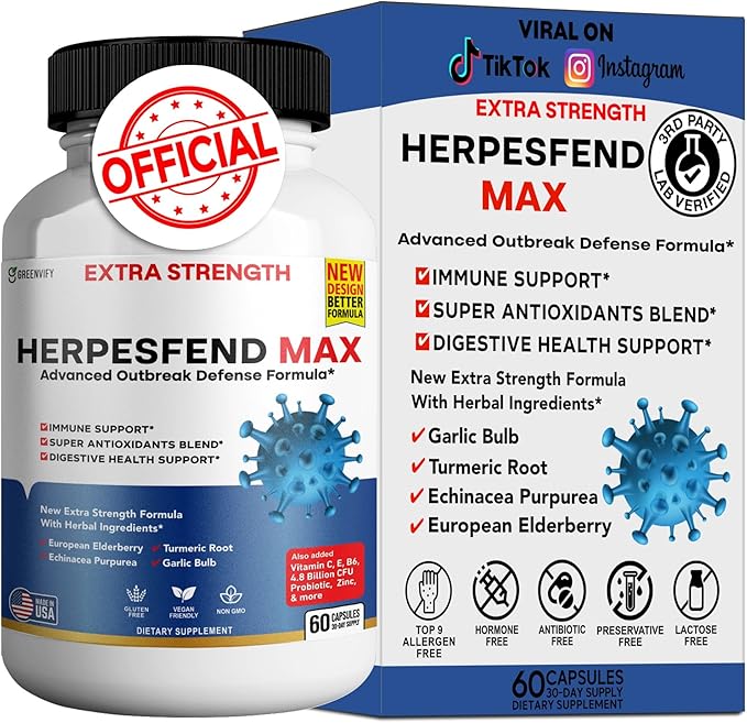 HerpesFend Max Extra Strength Advanced Defense Formula 60 Capsules with Elderberry Echinacea Turmeric Garlic Vitamins and Probiotics