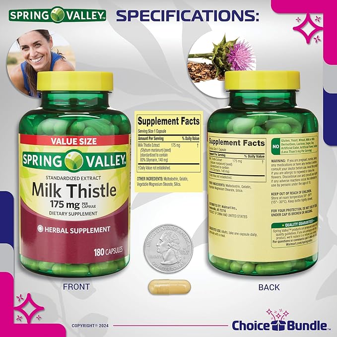 CHOICE BUNDLE Spring Valley Standardized Extract Milk Thistle Dietary Supplement Capsules 175 mg 180 Ct 4 pk (720 Total) + Vitamin Guide and Pill Container (6 Items)!