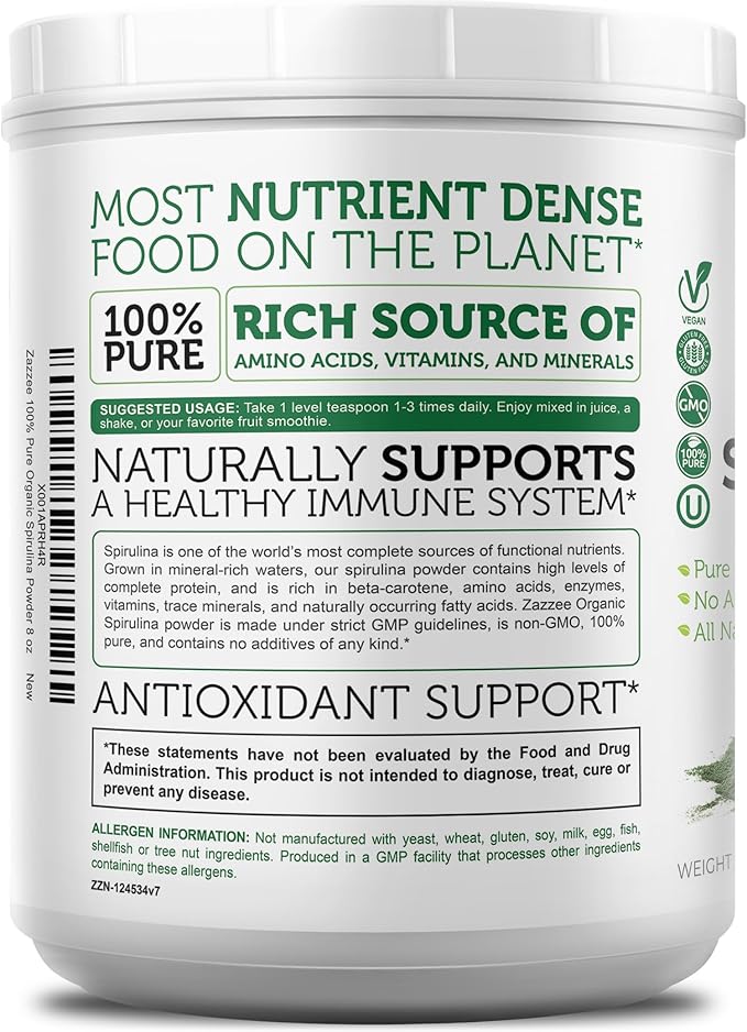 Zazzee USDA Organic Spirulina Powder 16 Ounces (1 LB) 137 Servings Certified Kosher 100% Pure Non-Irradiated Mess-Free Wide Mouth Container Fresh Smell and Neutral Taste Non-GMO Made in USA
