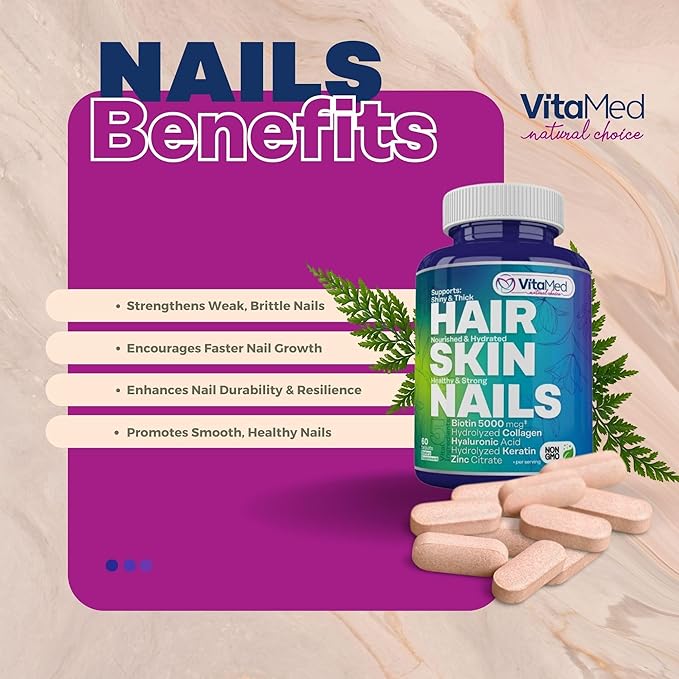 VitaMed Hair Skin &amp Nails – Biotin 5000 mcg Collagen OptiMSM Keratin Hyaluronic Acid &amp Silica | Supports Hair Growth Radiant Skin Strong Nails | Halal Non-GMO Gluten-Free – 60 Beauty