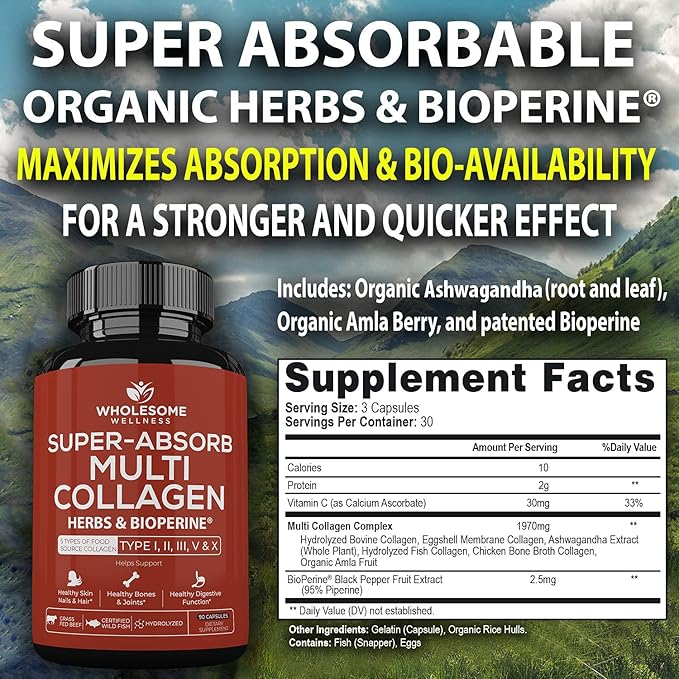 Wholesome Wellness Super-Absorb Multi Collagen Pills (Type I II III V X) Organic Herbs &amp Bioperine - Hair Skin Nails - Hydrolyzed Peptides Protein Supplement for Women &amp Men (90 Capsules)