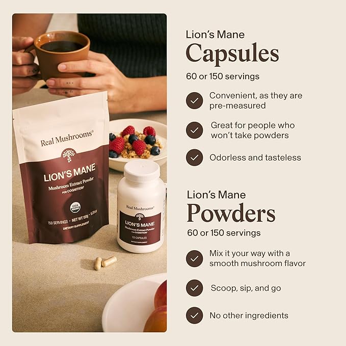 Real Mushrooms Lions Mane Mushroom Cognition (120 Capsules) Lions Mane Mushroom Powder Extract Capsules | Brain Supplement Brain Vitamins Focus Supplement