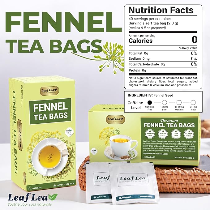 LeafLea 80 Premium Fennel Tea Bags Pure Dried Fennel Seed Tea Daily Ease &amp Balance Naturally Sweet Taste Caffeine-Free Sugar-Free Non-GMO Vegan Individually Wrapped
