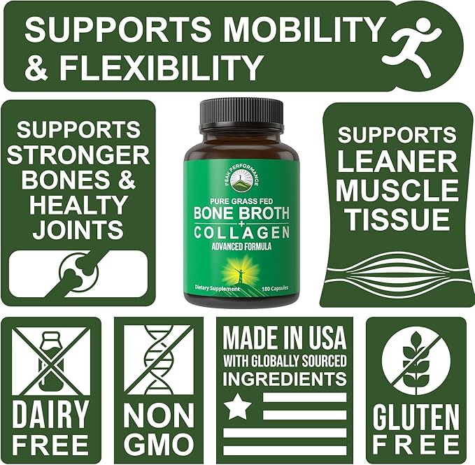 Peak Performance Bone Broth Collagen Capsules - 180 Pills of Grass Fed Bone Broth Collagen Protein Peptides - Contains All 3 Types 1 2 and 3 - Pure Pasture Raised Paleo Friendly for Women &amp Men