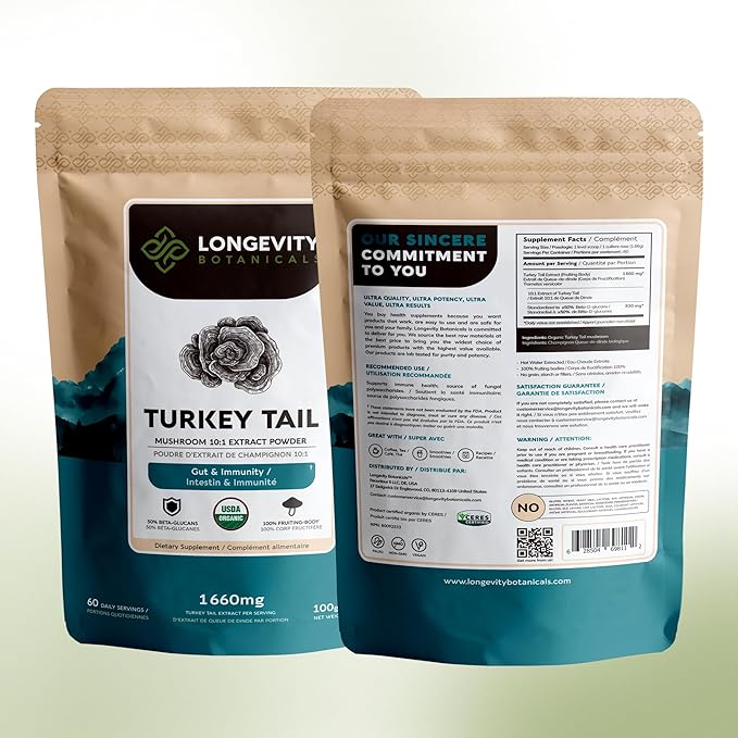 Organic Turkey Tail Mushroom Powder Supplement 10:1 Extract 100g | Trametes Versicolor 100% Fruiting Body | ≥30% Beta-D-Glucans | 60 Servings of 1660mg | Immune Gut &amp Digestive Wellness Support