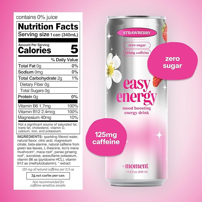 Easy Energy Drink (Strawberry) – Zero Sugar Sparkling Energy Drink with Natural Caffeine Magnesium &amp Lion’s Mane – Clean Energy for Workouts &amp Busy Days – 12 Pack