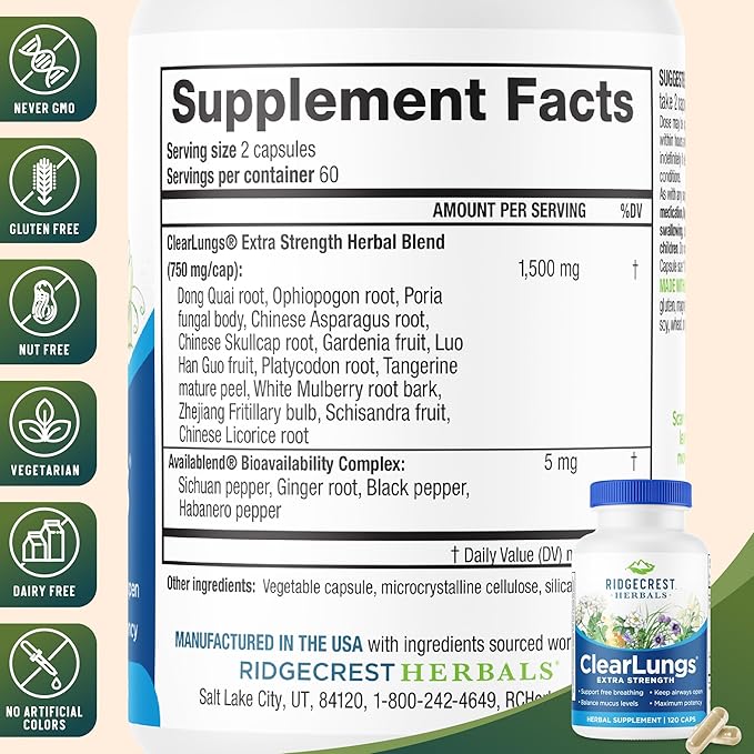 RidgeCrest Herbals ClearLungs Extra Strength Daily Health Supplement Natural Lung and Nasal Wellness Formula (120 Vegan Caps 60 Serv)
