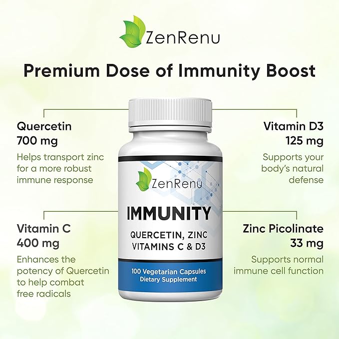 Zenrenu Immunity Quercetin 700 mg Zinc Vitamin C Vitamin D Immune Support Supplement with Curcumin - Easy to Absorb Immunity Supplement 100 Vegetarian Capsules 50 Day Supply