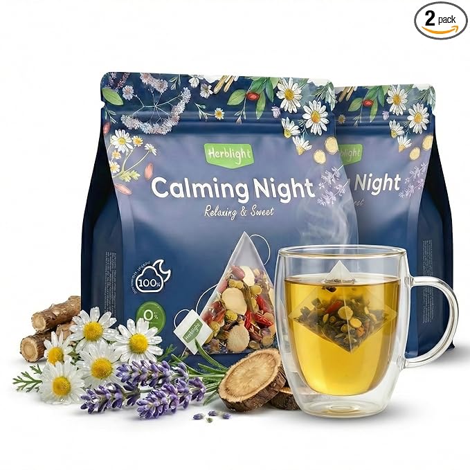 HerbLight Nighty Night Extra Tea – Valerian Root Chamomile &amp Lavender Sleep Blend. Extra Strength Caffeine-Free Herbal Tea for Deep Night-Time Rest 2 Pack (Total 30 Bags)