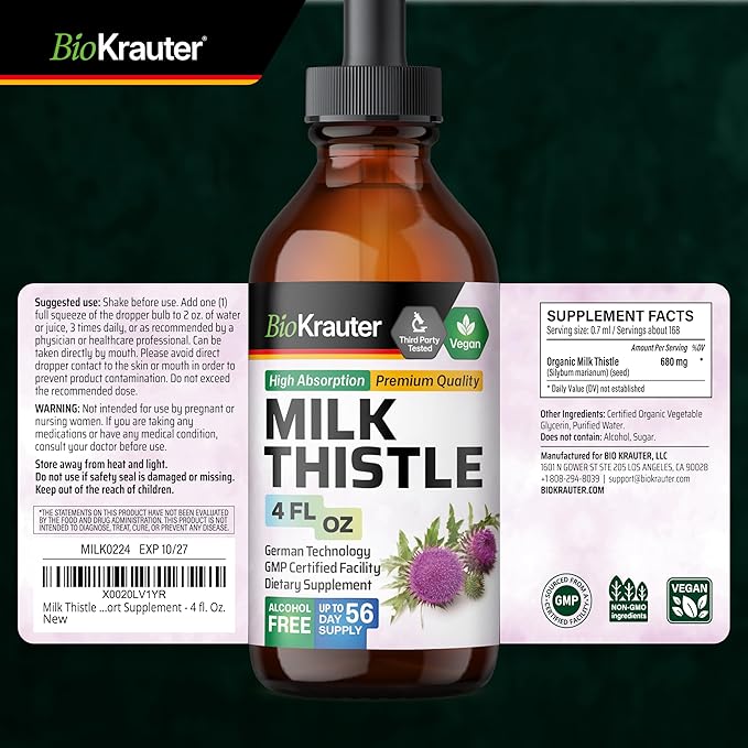BIO KRAUTER® Milk Thistle Supplement - Liquid Pure Vegan Milk Thistle Extract 680 mg per Serving 4 Fl.Oz 56 Days of Supply - Liver Cleanse &amp Detox Сontains Silymarin - Alcohol &amp Sugar Free