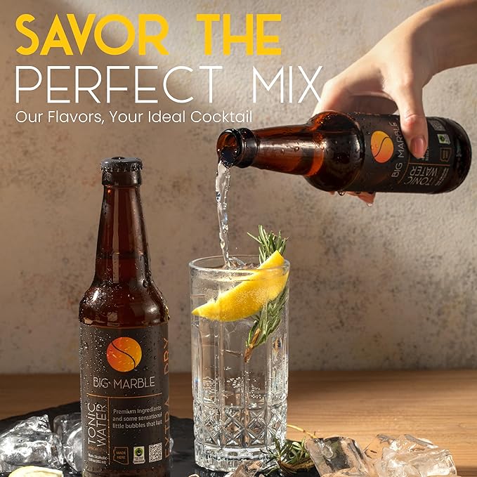 Big Marble Extra Dry Tonic Water Premium Non-Alcoholic Low Sugar Fair Trade Certified Real Quinine No Artificial Sweeteners/Colors for Cocktails &amp Mocktails - 12 Pack 355ml (12 Fl Oz) Bottl