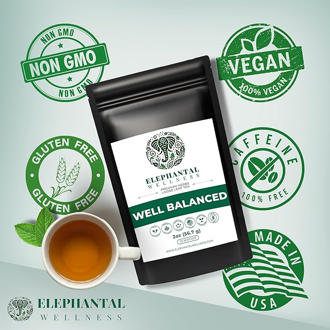 Elephantal Wellness Premium Well Balanced Herbal Tea | For Healthy Cortisol Adaptogenic Stress &amp Energy Support with Ashwagandha Reishi Eleuthero &amp Lion’s Mane | Handmade Caffeine-Free No