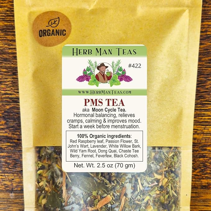 MOON CYCLE PMS TEA – Monthly Cycle &amp PMS Support – Organic Loose Leaf – by Master Herbalist Khabir | Red Raspberry Leaf Chaste Tee Berry &amp Dong Quai