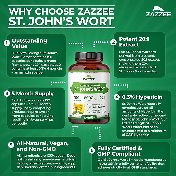 Zazzee Extra Strength St. John’s Wort 20:1 Extract 0.3% Hypericin 150 Vegan Capsules 5 Month Supply Hypericum Perforatum Mood &amp Emotional Wellness Support Herbal Supplement Non-GMO Made in