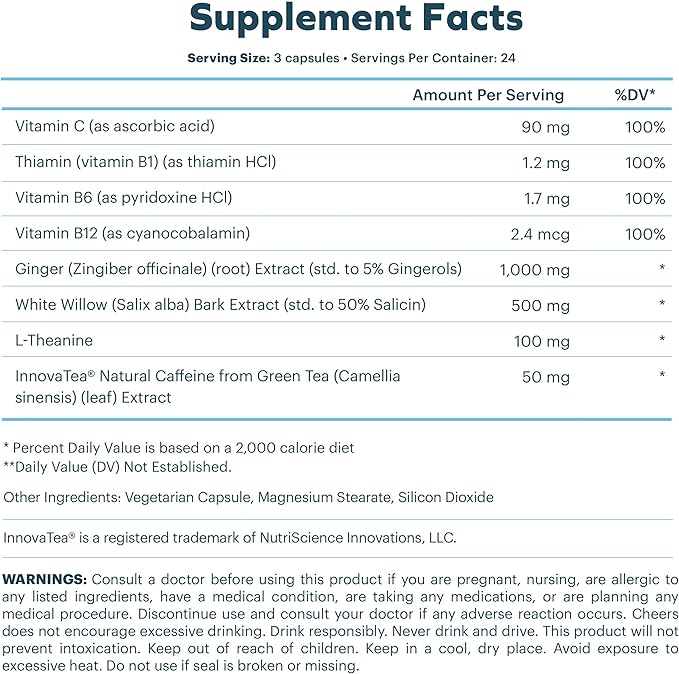 Cheers Relief | Next Morning Aid with Ginger + White Willow Bark | Feel Better After Drinking | 24 Doses | Ginger White Willow Bark L-Theanine Caffeine
