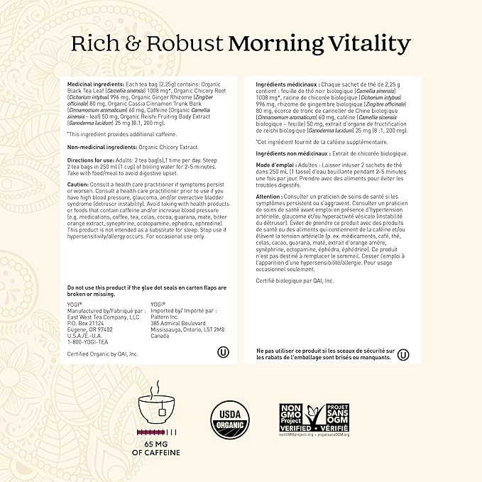 Yogi Tea Rich &amp Robust Morning Vitality (Pack 3) - 48 Tea Bags - Contains caffeine - Supports Energy - Inlcudes Roasted Chicory Cinnamon Ginger &amp More