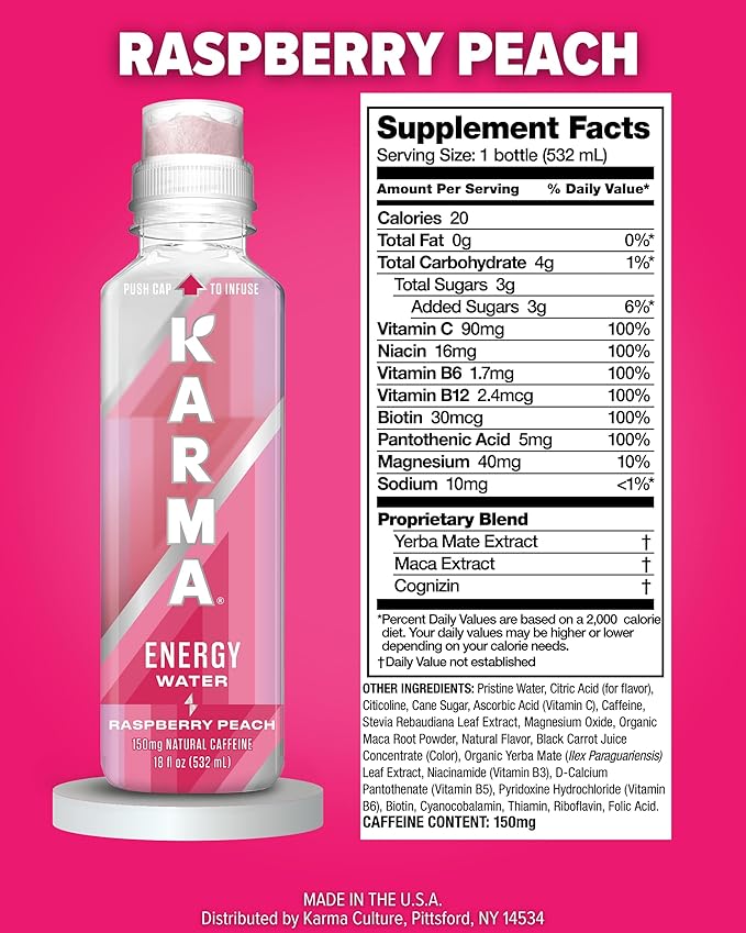 Karma Energy Drink – 12 Pack Raspberry Peach Caffeinated Water with Cognizin® Nootropics Vitamins &amp Immune Support Low Calorie