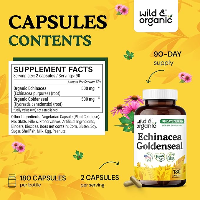 Wild &amp Organic Echinacea Goldenseal Capsules - Immune &amp Lung Support - Echinacea Extract Supplement - Hydrastis Canadensis &amp Purpurea - Vegan No Fillers Non-GMO - 180 Count